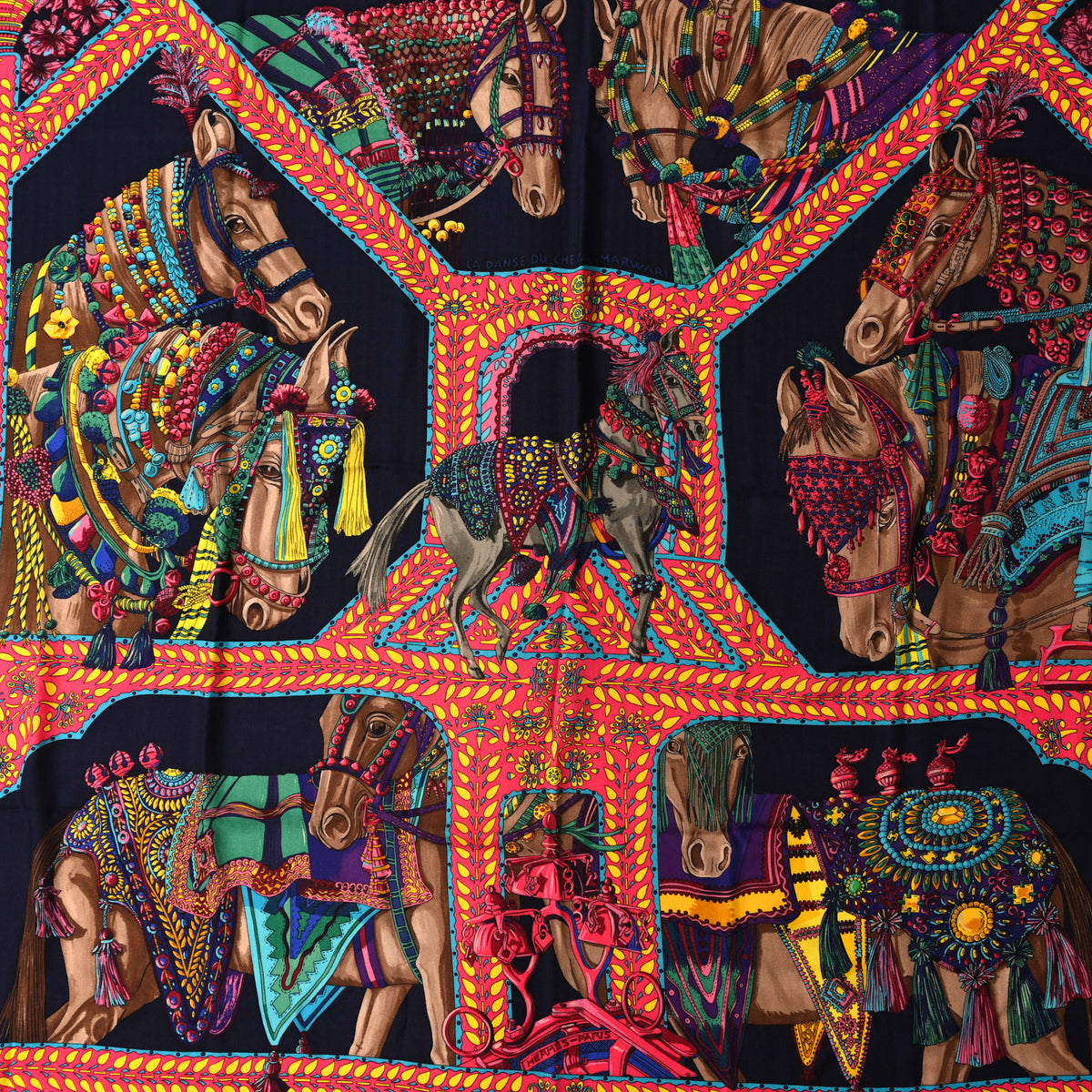 Hermes Cashmere Silk La Danse Du Cheval Marwari Shawl 140 Violet Rose Black 2 of 4