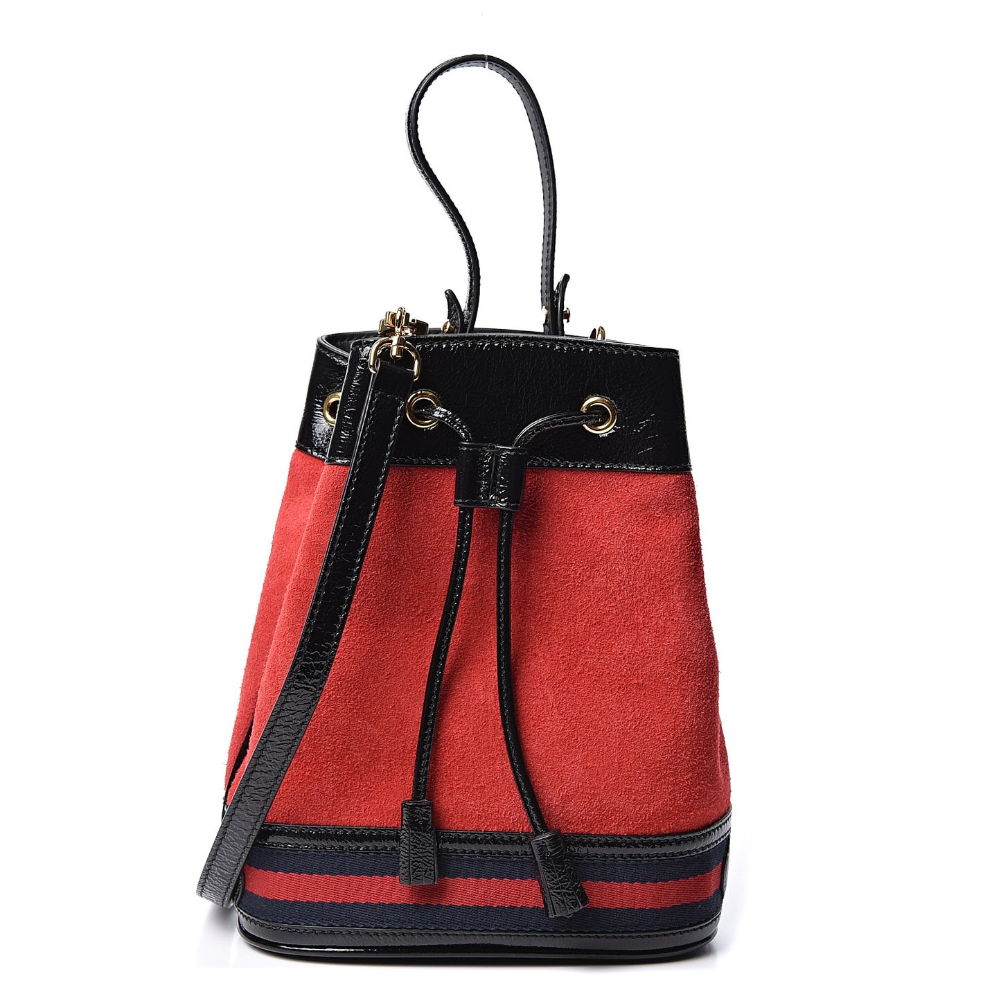 Suede Patent Web Small Ophidia Bucket Bag Hibiscus Red Black
