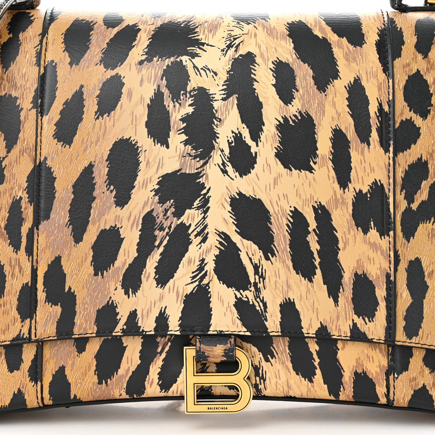 Smooth Calfskin Leopard Print Medium Hourglass Top Handle Bag Beige