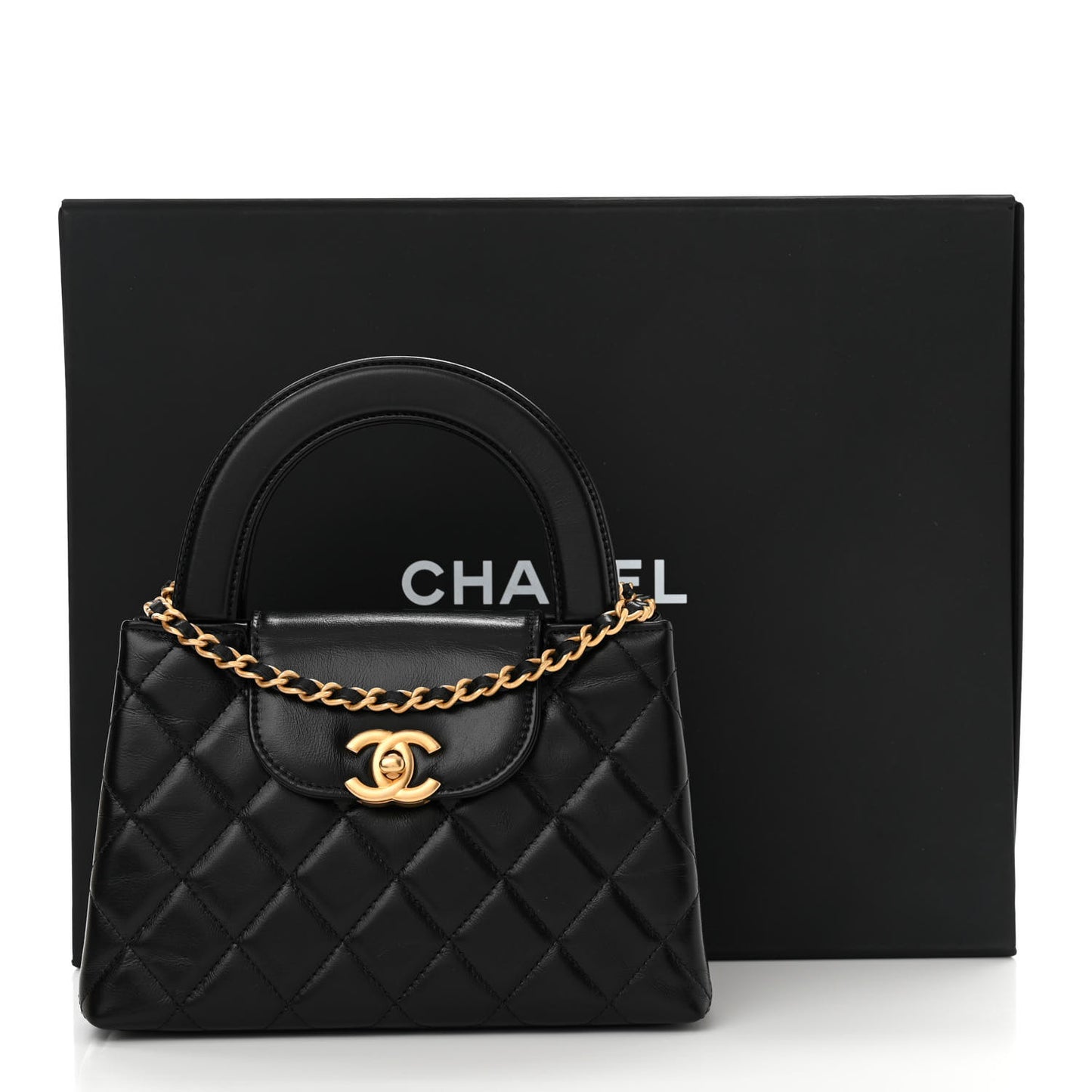 Shiny Aged Calfskin Quilted Nano Kelly Shopper Black