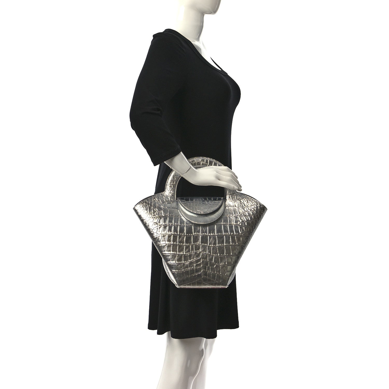 Bottega Veneta Metallic Calfskin Crocodile Embossed Ring Top Handle Tote Bag Silver 3 of 10