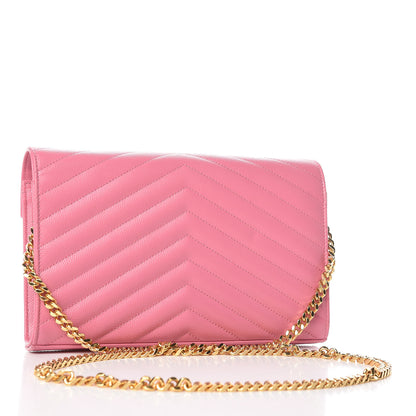 Saint Laurent Grain De Poudre Matelasse Chevron Monogram Chain Wallet Indian Pink 3 of 10