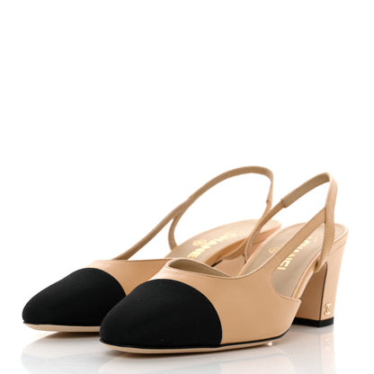 Chanel Goatskin Grosgrain Cap Toe CC Slingback Pumps 39 Beige Black 3 of 9