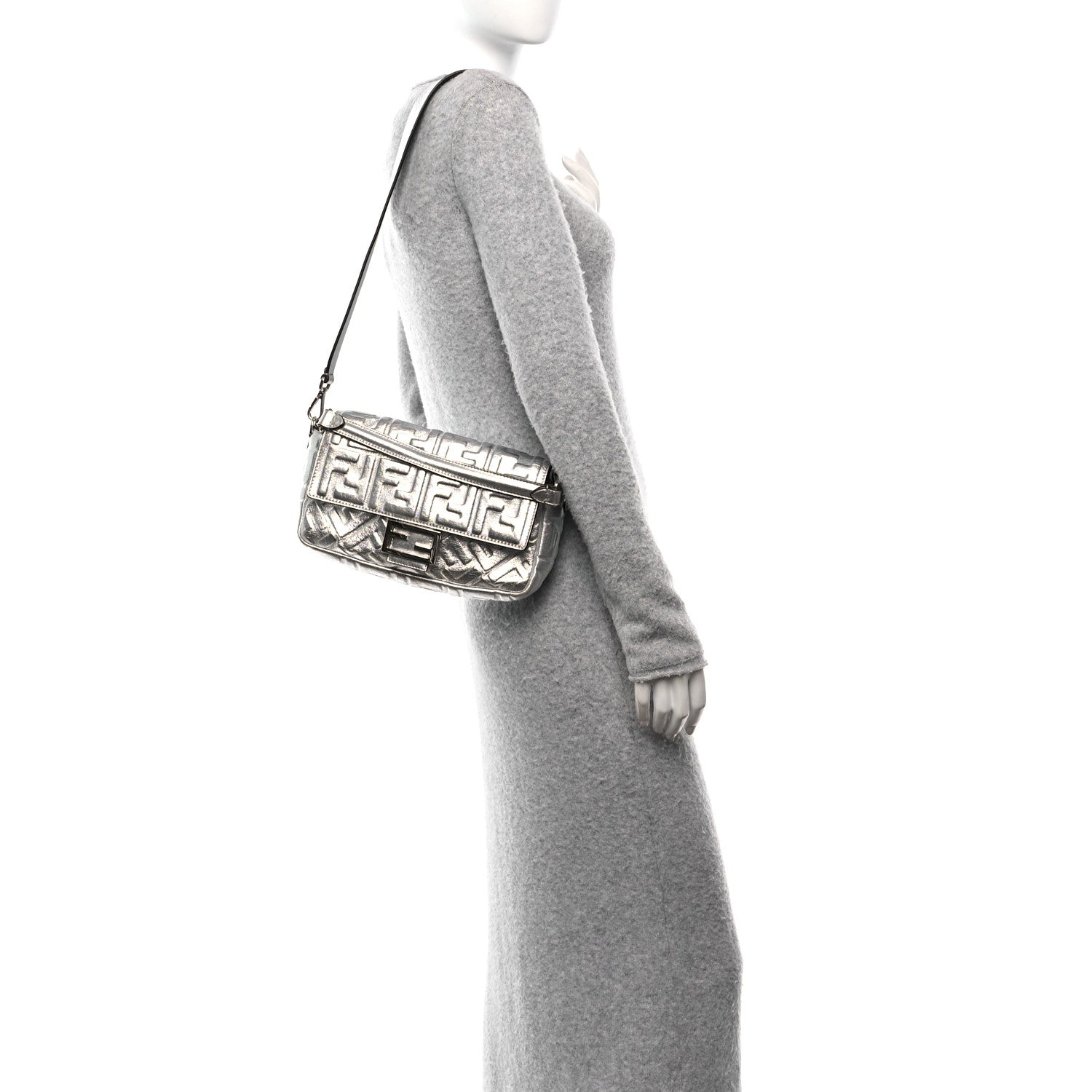 Fendi Vitello Catalan Mirror FF 1974 Embossed Baguette Argento 2 of 10