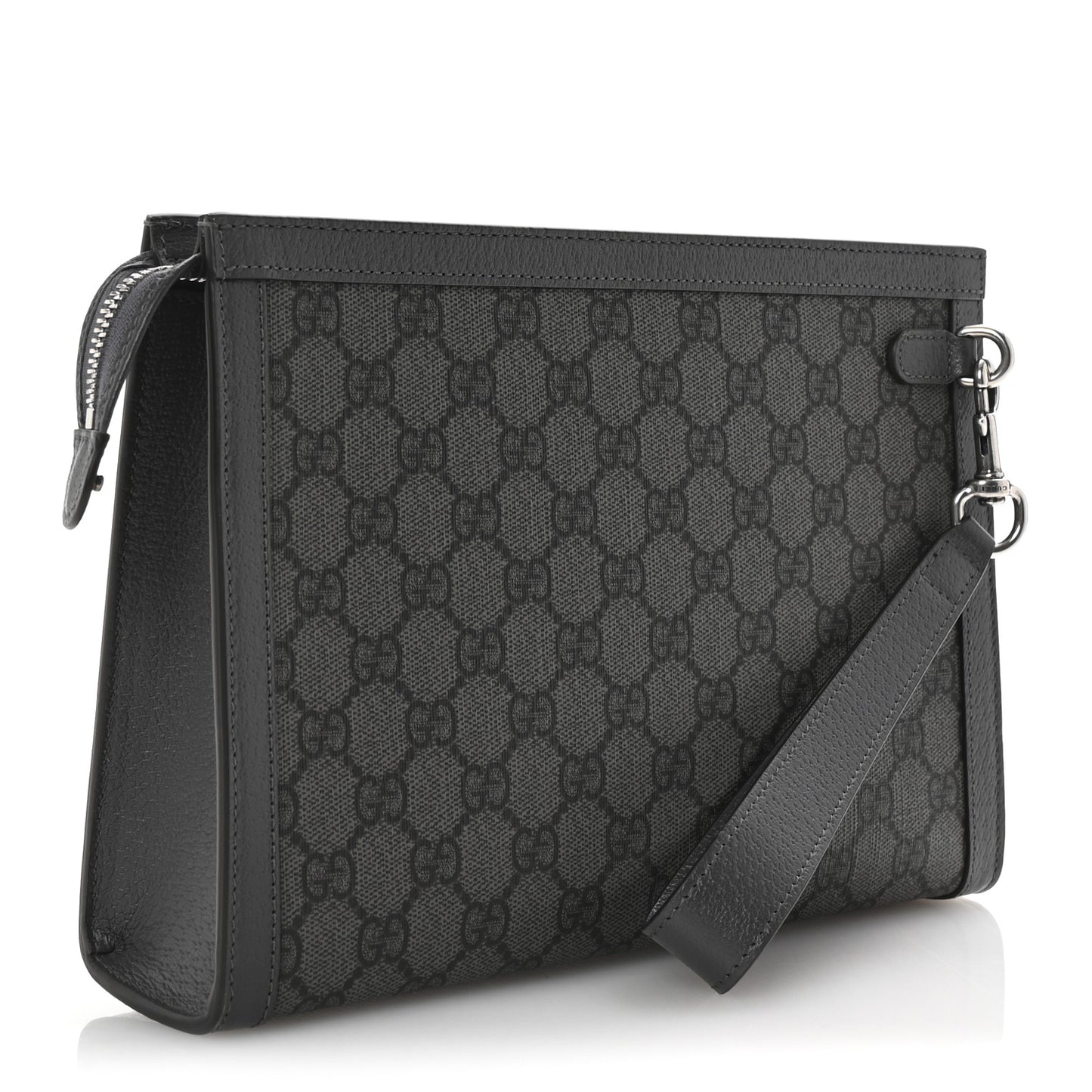 GG Supreme Monogram Textured Dollar Calfskin Ophidia Wristlet Pouch Grey Black Graphite Grey