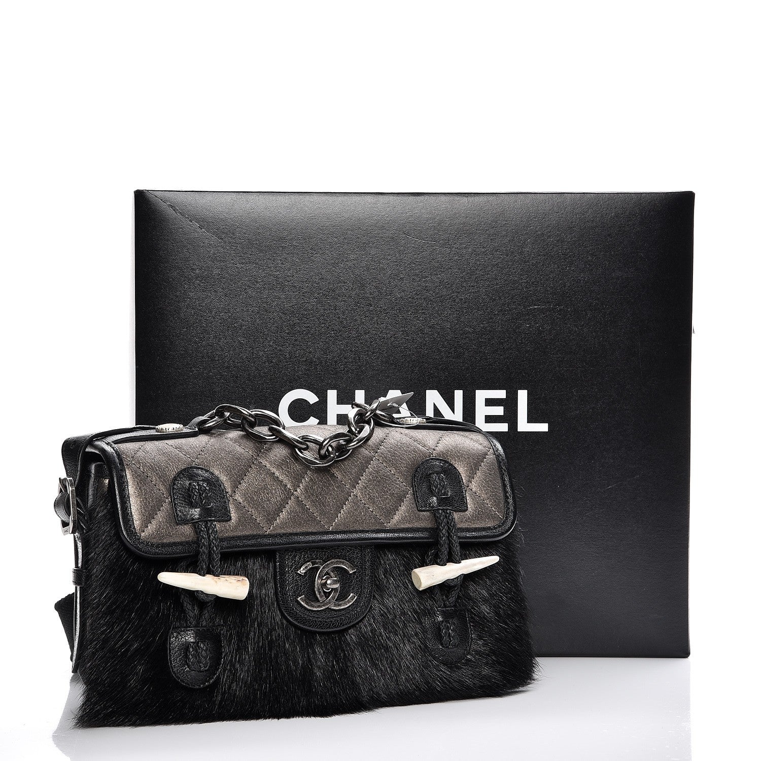 Chanel Metallic Goatskin Fur Quilted Hunting Flap Silver Black 10 of 10