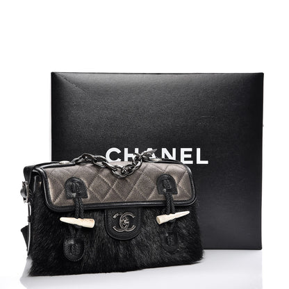 Chanel Metallic Goatskin Fur Quilted Hunting Flap Silver Black 10 of 10