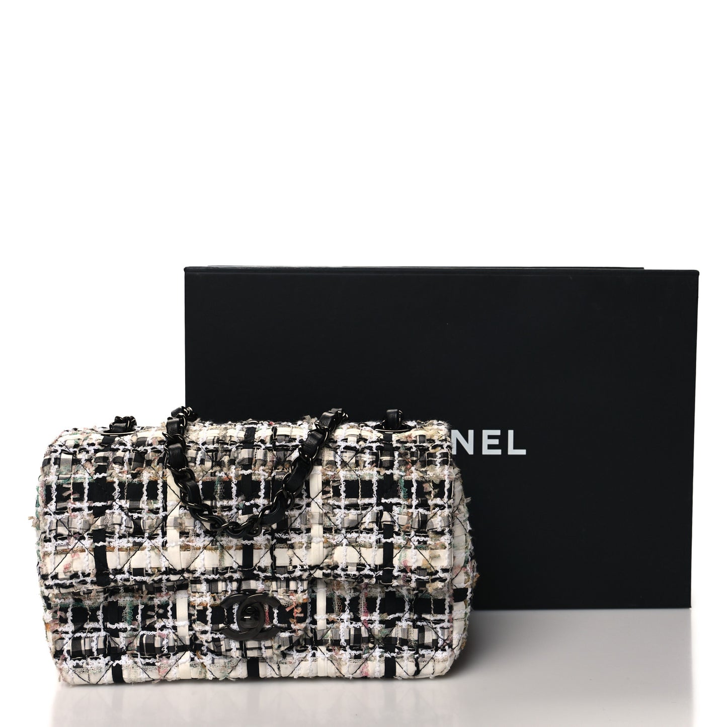 Tweed Quilted Mini Rectangular Flap White Black Multicolor