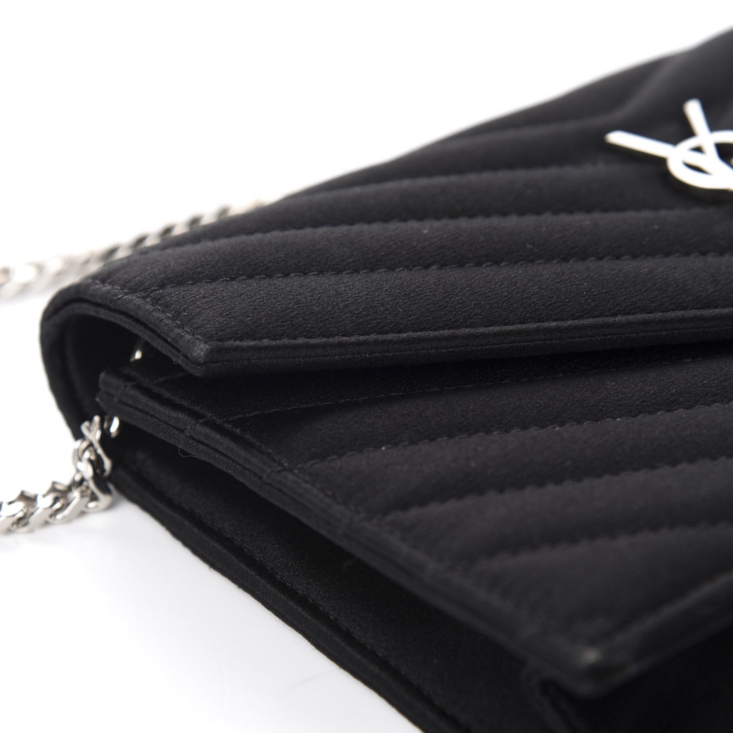 Satin Chevron Monogram Envelope Chain Wallet Black