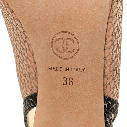 Chanel Calfskin Mesh Pearl CC Peep Toe Slingback Pumps 36 Salmon Black 7 of 9