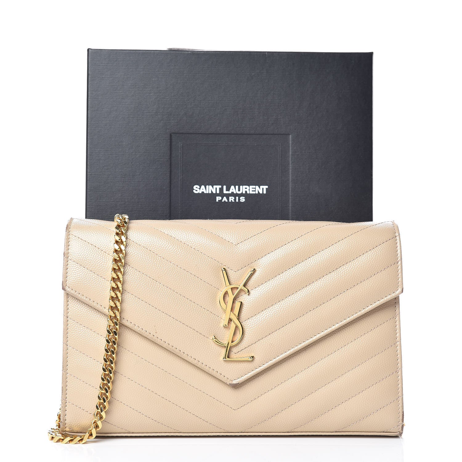 Saint Laurent Grain De Poudre Matelasse Chevron Monogram Chain Wallet Nude Powder 15 of 15