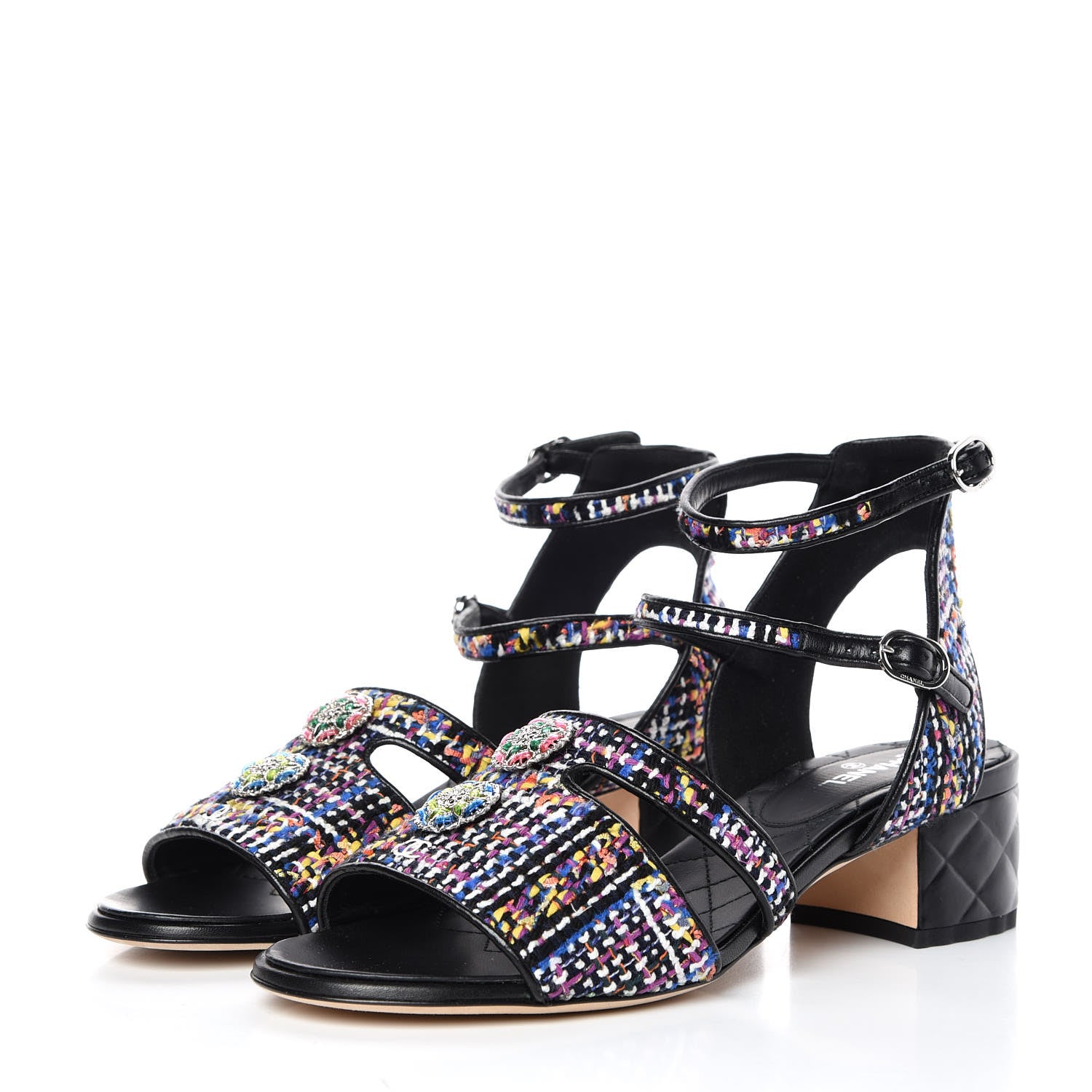 Chanel Tweed Lambskin Sandals 39 Black Blue Yellow Fuchsia 3 of 8