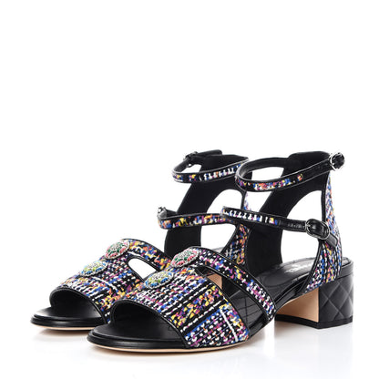 Chanel Tweed Lambskin Sandals 39 Black Blue Yellow Fuchsia 3 of 8