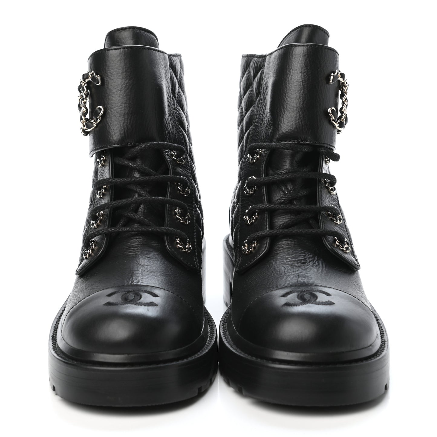 Shiny Goatskin Calfskin Quilted Lace Up Combat Boots 39.5 Black