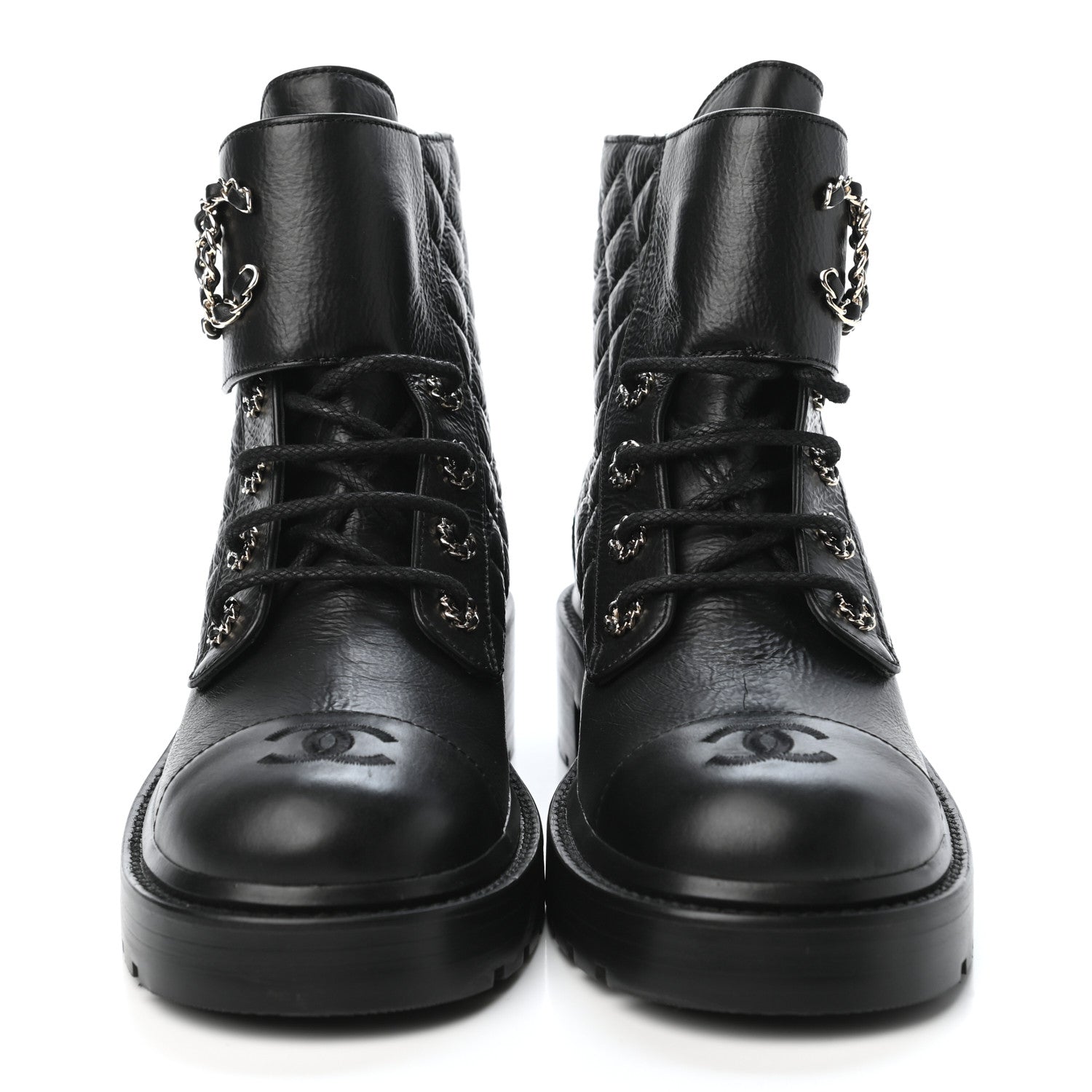 Chanel Shiny Goatskin Calfskin Quilted Lace Up Combat Boots 39.5 Black 2 of 4