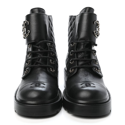 Chanel Shiny Goatskin Calfskin Quilted Lace Up Combat Boots 39.5 Black 2 of 4