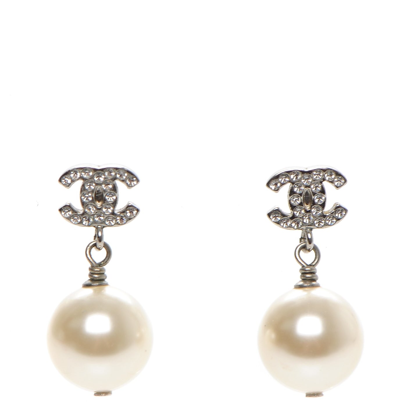 Crystal Pearl CC Drop Earrings Silver