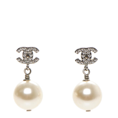 Chanel Crystal Pearl CC Drop Earrings Silver 1 of 5