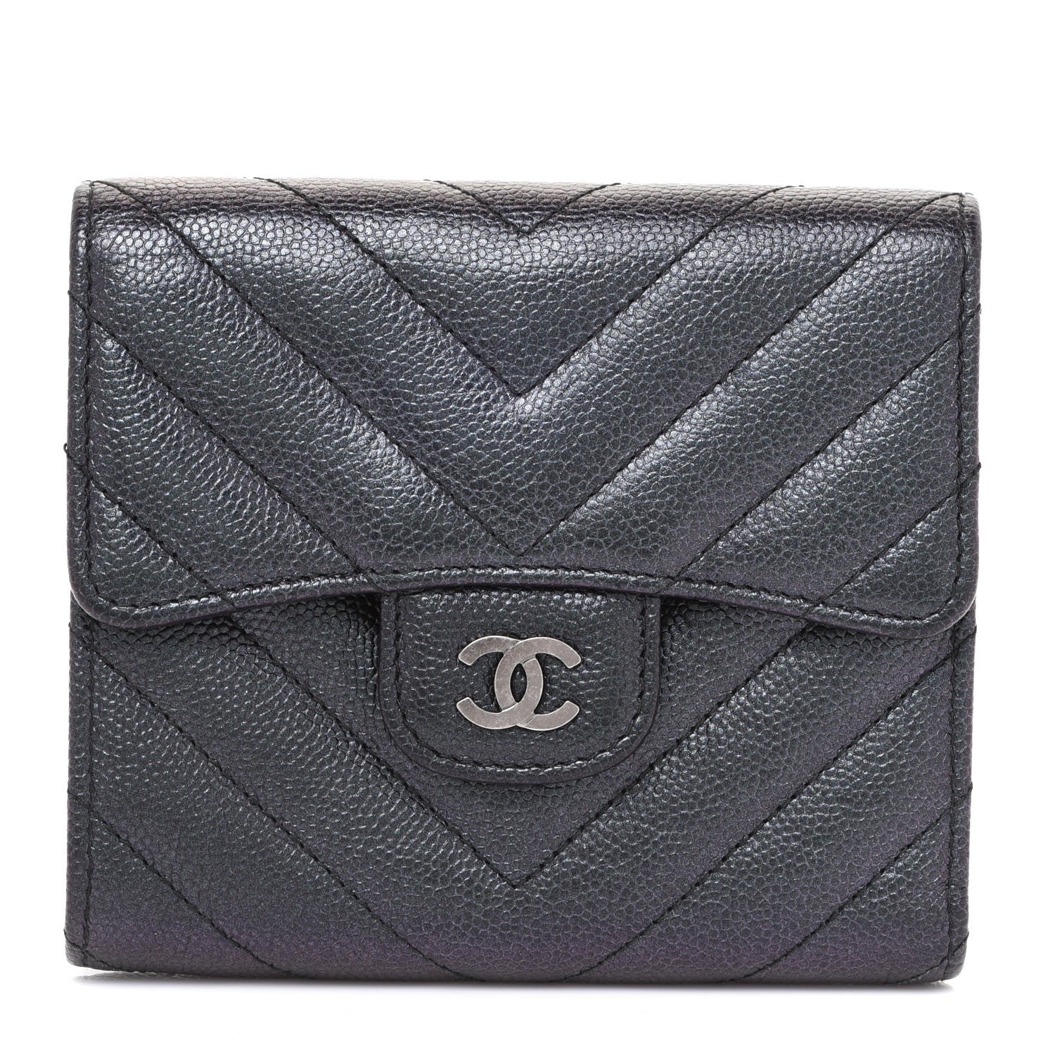 Chanel Iridescent Caviar Chevron Quilted Compact Flap Wallet Black 1 of 10