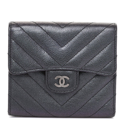 Chanel Iridescent Caviar Chevron Quilted Compact Flap Wallet Black 1 of 10
