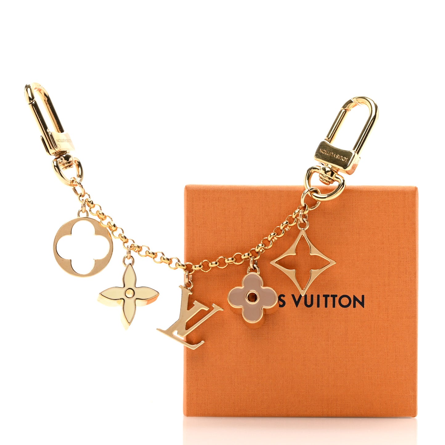 Brass Enamel Fleur De Monogram Bag Charm Chain Gold