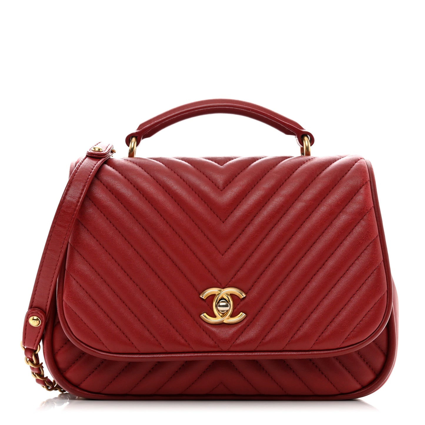 Lambskin Reverse Chevron Quilted Round Top Handle Flap Red
