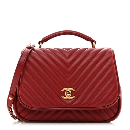 Chanel Lambskin Reverse Chevron Quilted Round Top Handle Flap Red 1 of 11
