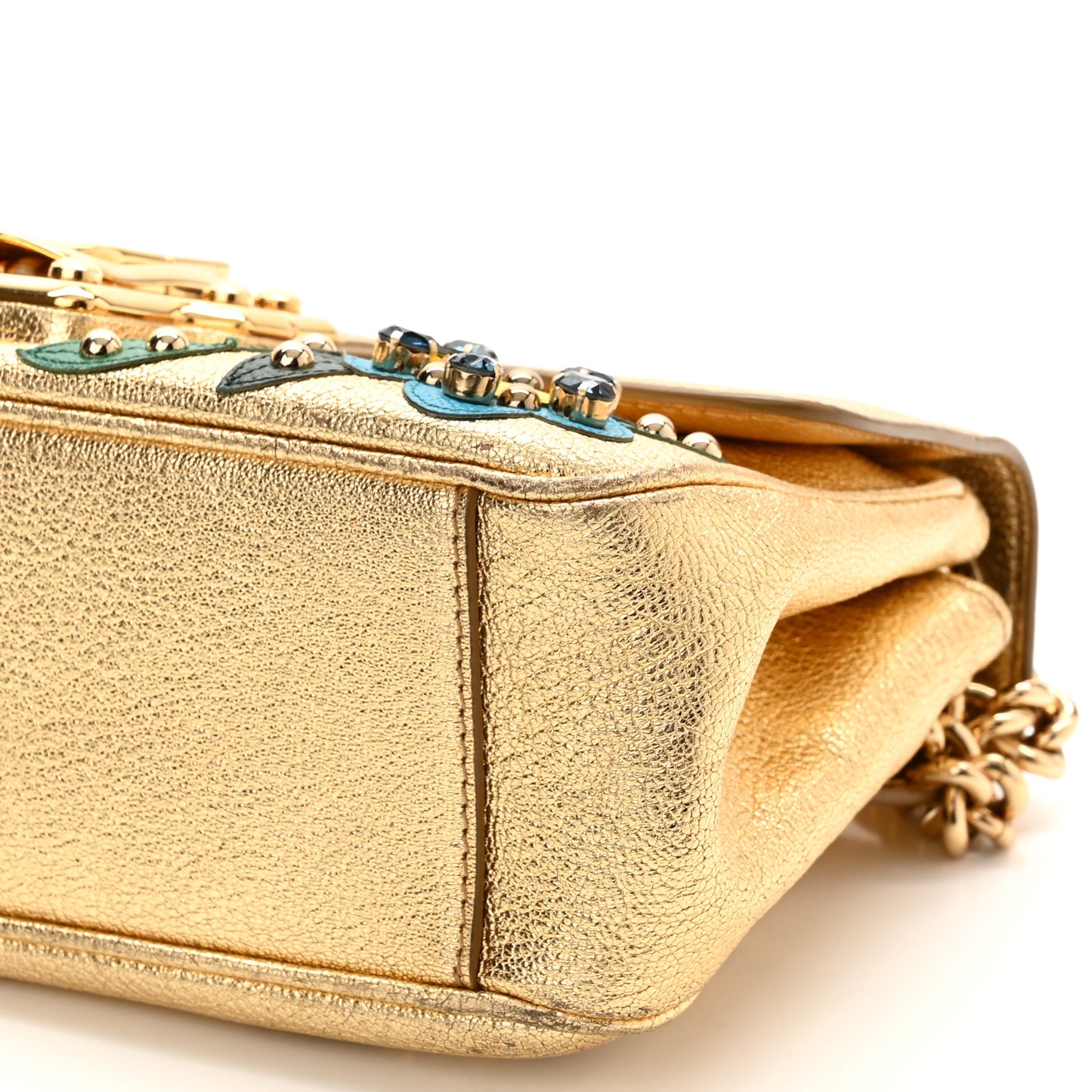 Metallic Calfskin Crystal Embellished Lucia Shoulder Bag Gold Multicolor