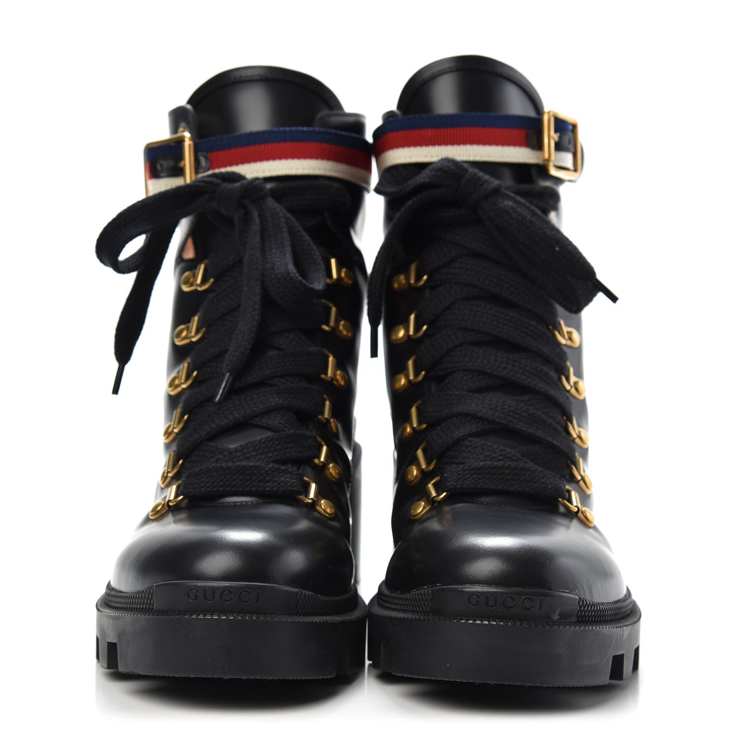 Gucci Calfskin Womens Sylvie Web Lace Up Combat Boots 41 Black 2 of 8
