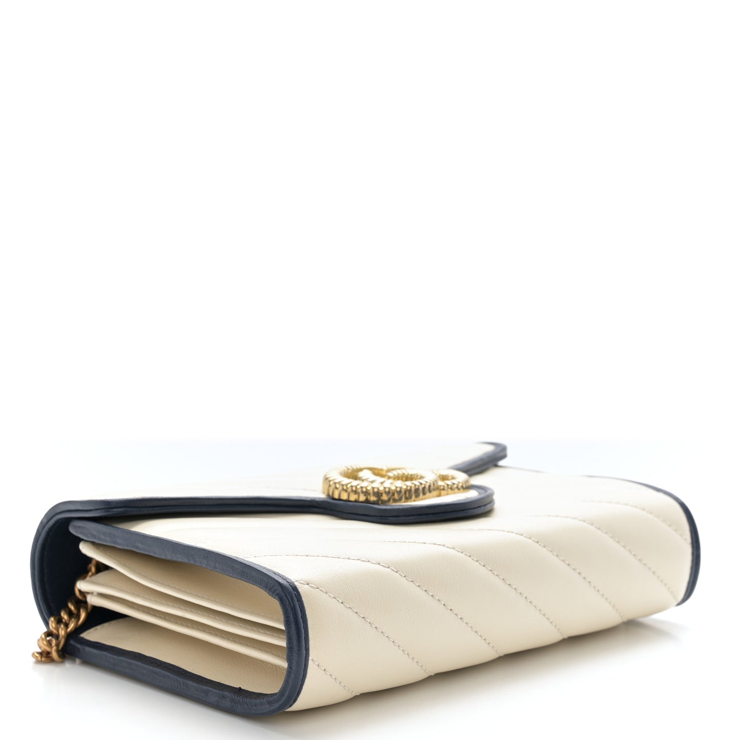 Vintage Effect Calfskin Matelasse Diagonal Torchon GG Marmont Chain Wallet Mystic White Blue Agata