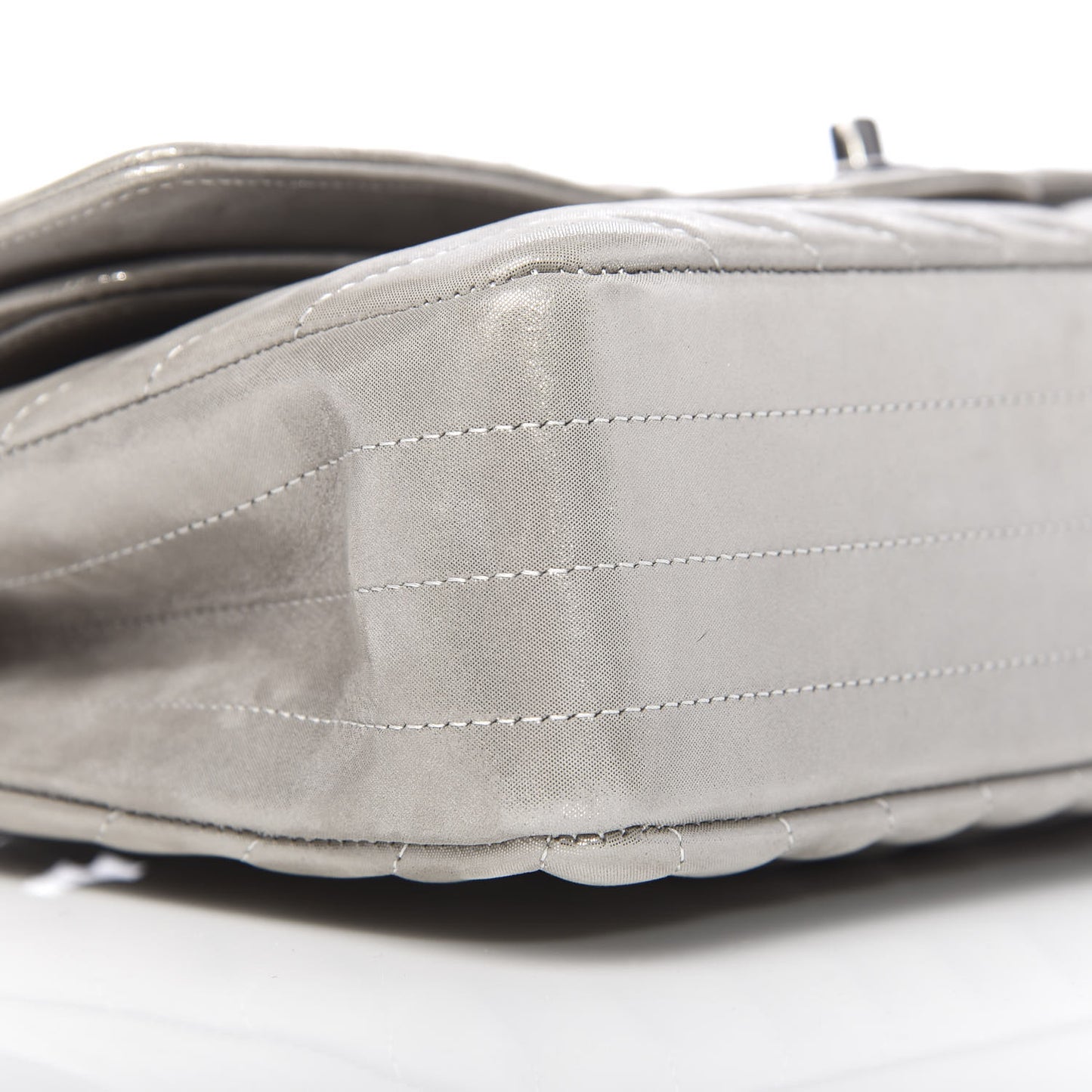 Iridescent Calfskin Chevron Quilted Medium Double Flap Silver
