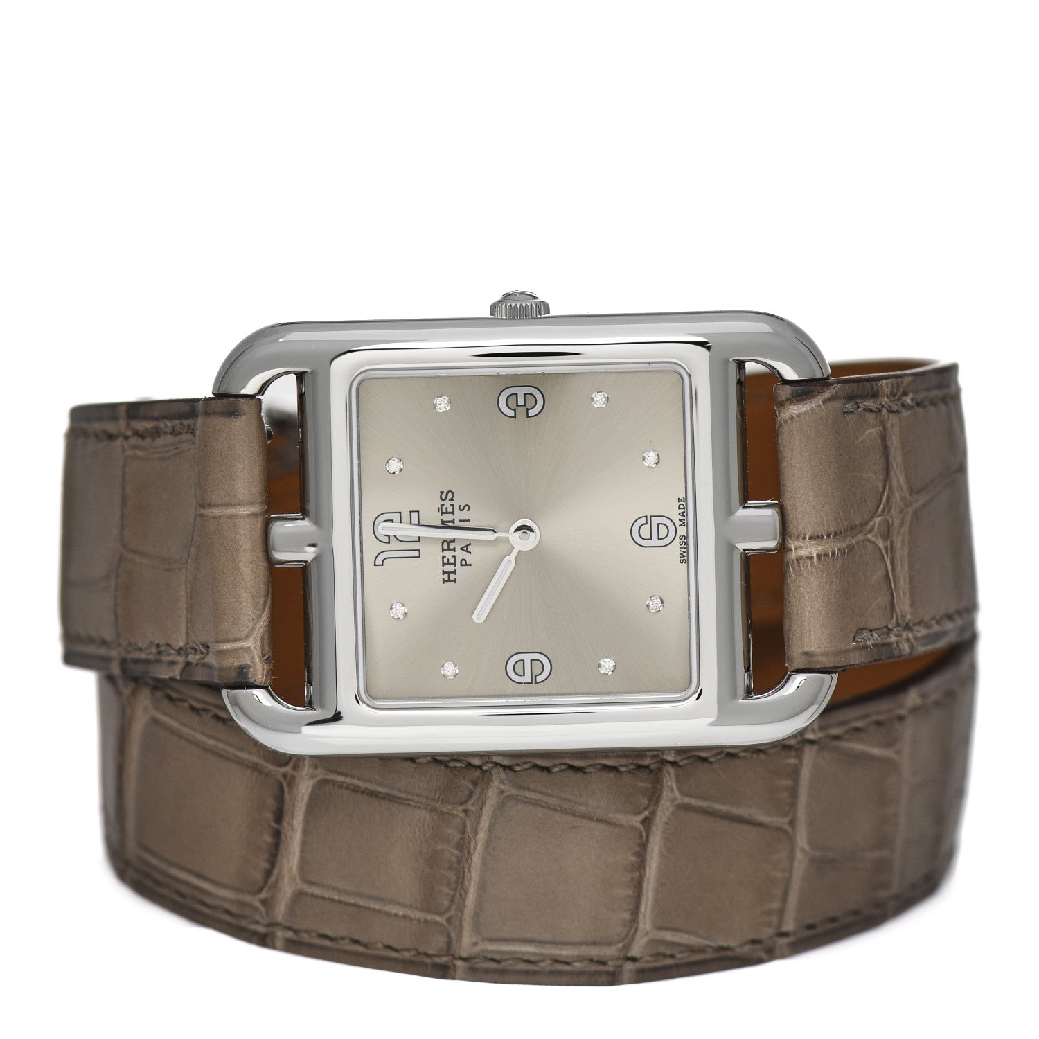 Hermes Stainless Steel Alligator Diamond 29mm Cape Cod Double Tour Quartz Watch Gris Elephant 2 of 5