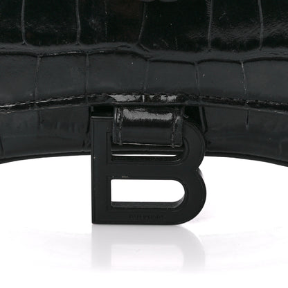 Balenciaga Shiny Calfskin Monochrome Crocodile Embossed Hourglass Chain Bag Black 9 of 13
