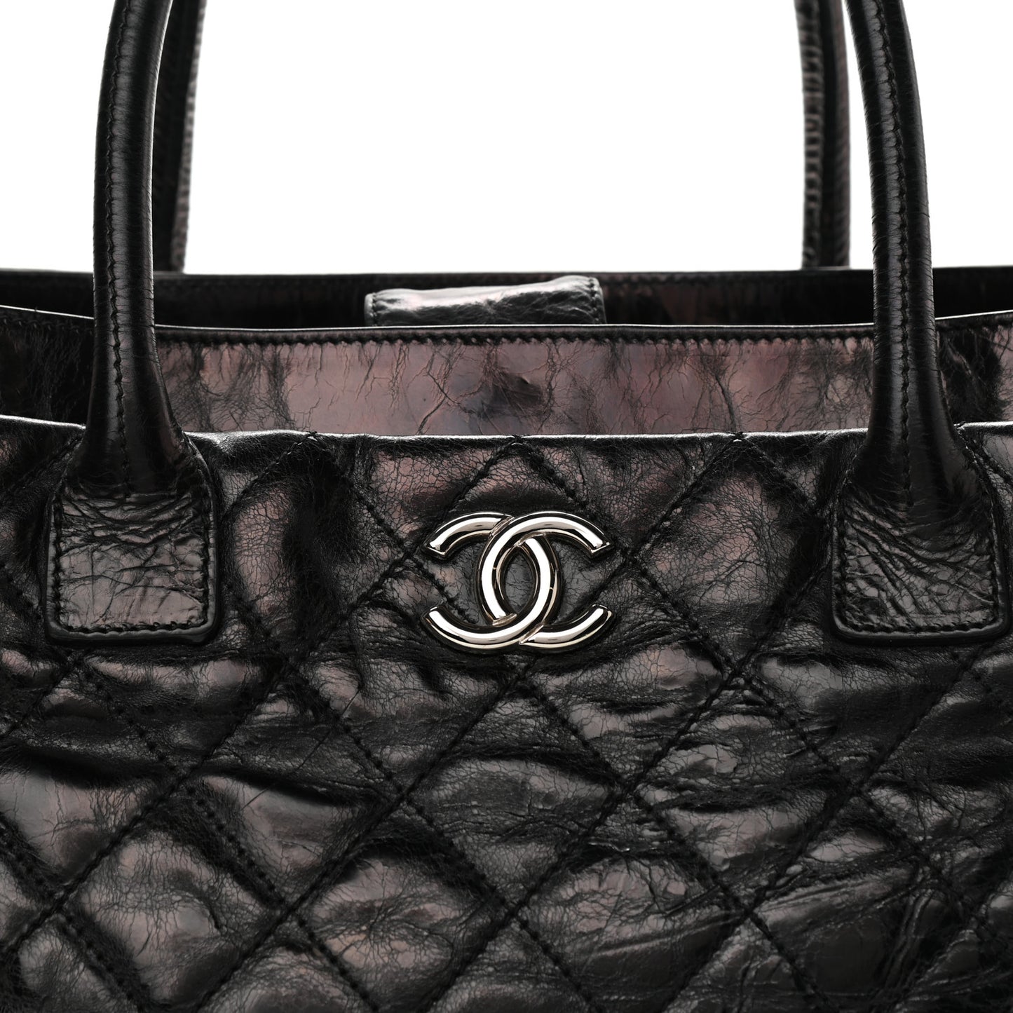 Glazed Calfskin Quilted Large New Portobello Tote Black