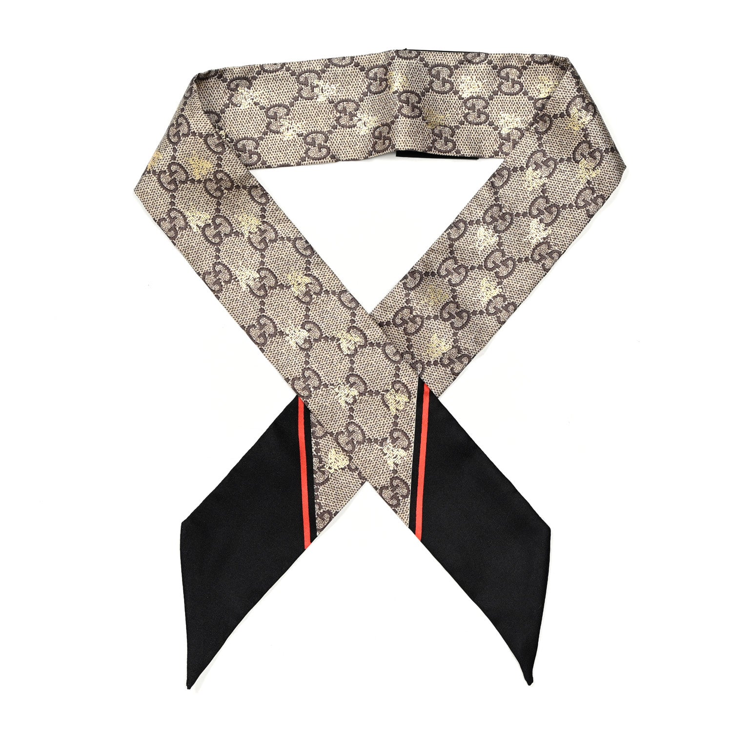 Gucci Silk Twill GG Monogram GG Bee Neck Bow Scarf Black Red 1 of 3