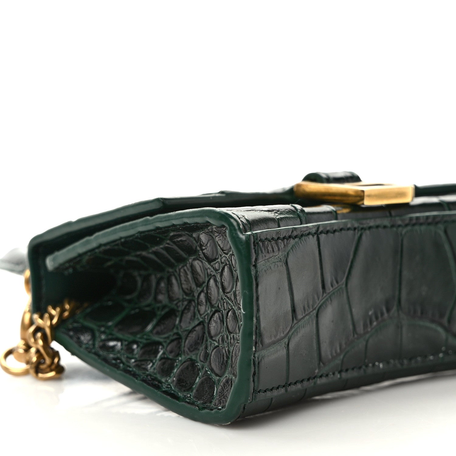 Balenciaga Shiny Calfskin Crocodile Embossed Hourglass Top Handle Bag Mini with Chain Forest Green 7 of 8
