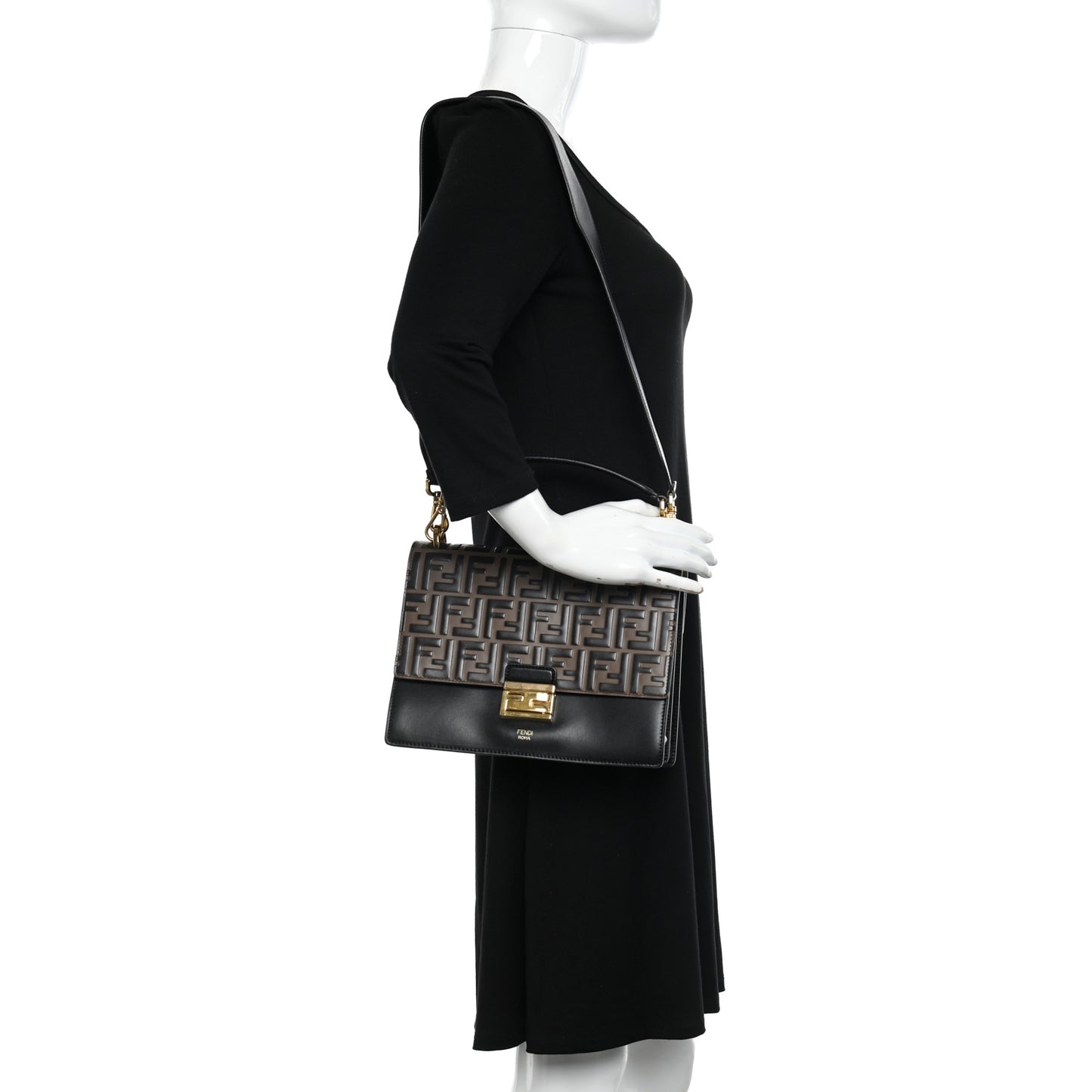 Vitello Liberty Bi-Color FF 1974 Embossed Chain Strap Kan U Shoulder Bag Black Maya