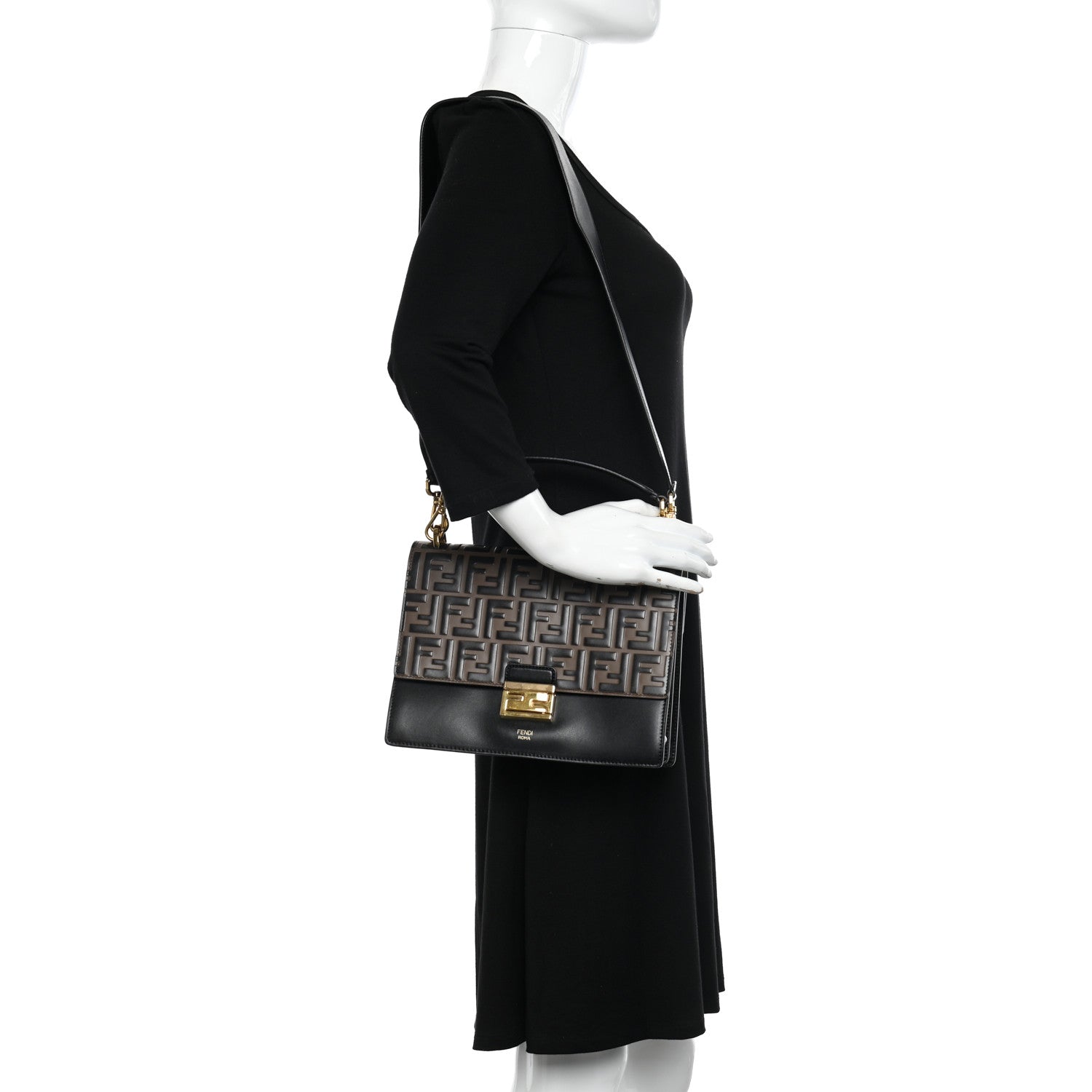 Fendi Vitello Liberty Bi-Color FF 1974 Embossed Chain Strap Kan U Shoulder Bag Black Maya 2 of 11