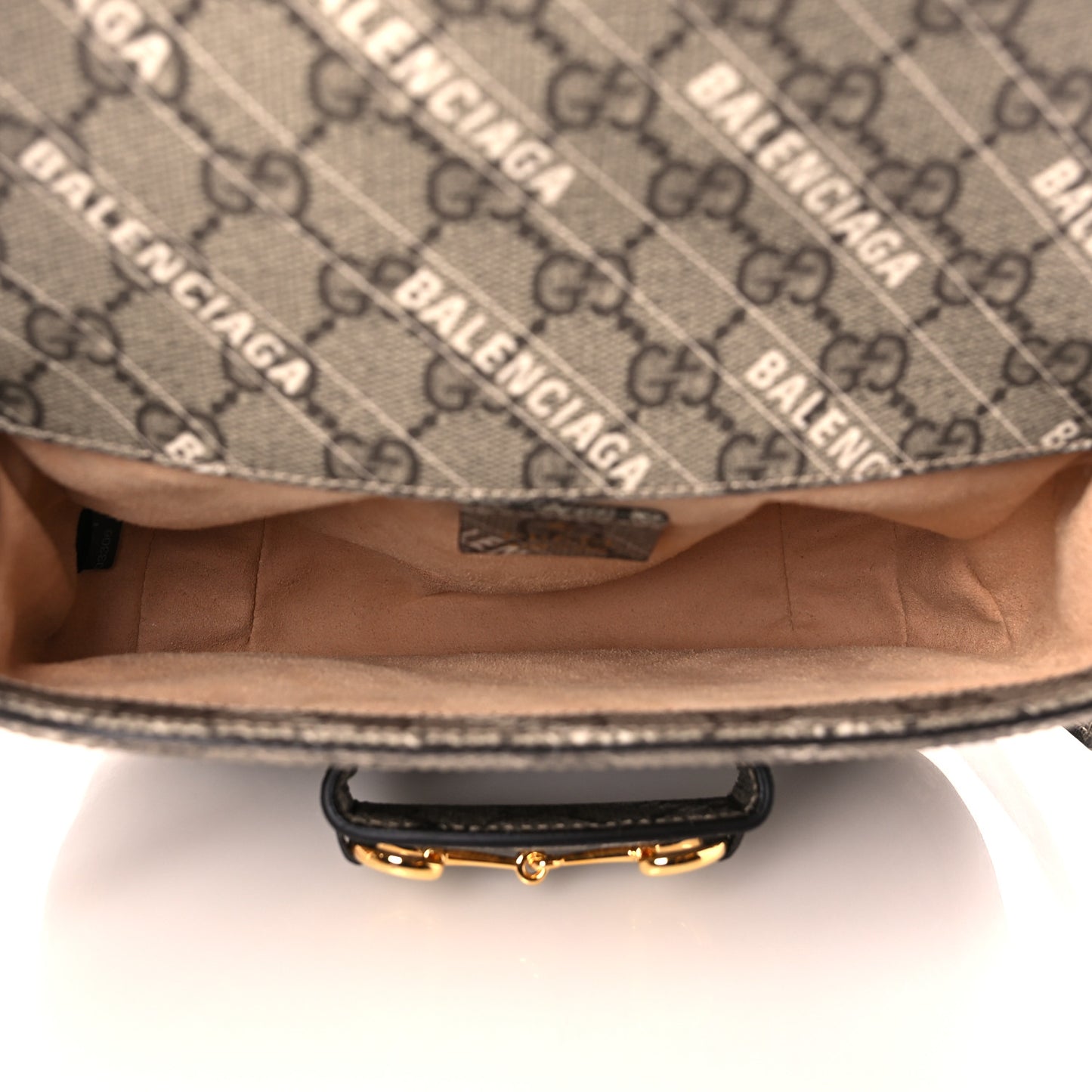 X BALENCIAGA GG Supreme Monogram Web Logo Print Mini Horsebit 1955 Shoulder Bag Beige Ebony