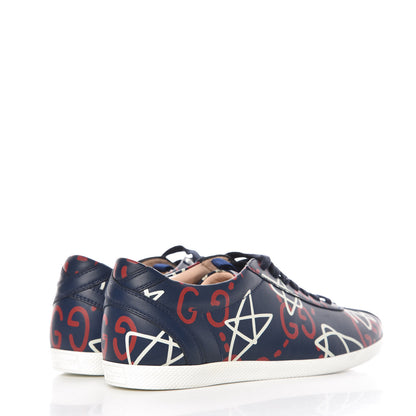 Gucci Calfskin GucciGhost Print Womens Low Top Sneakers 37.5 Blue Agata Hibiscus Red 4 of 8