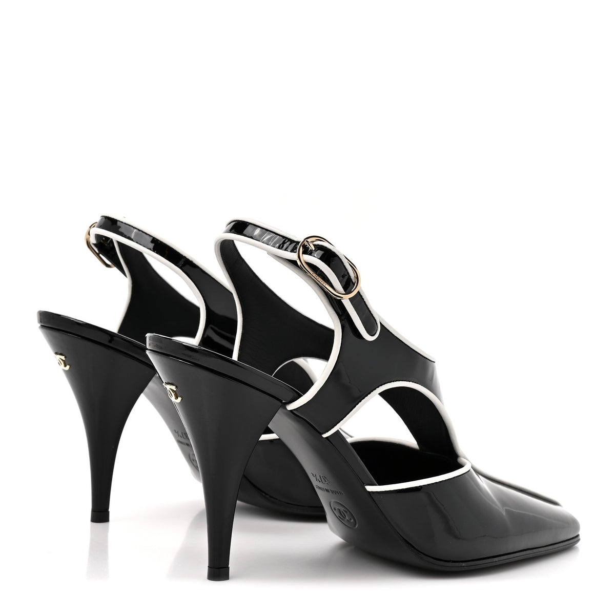 Patent Calfskin Lambskin CC Slingback Pumps 37.5 White Black