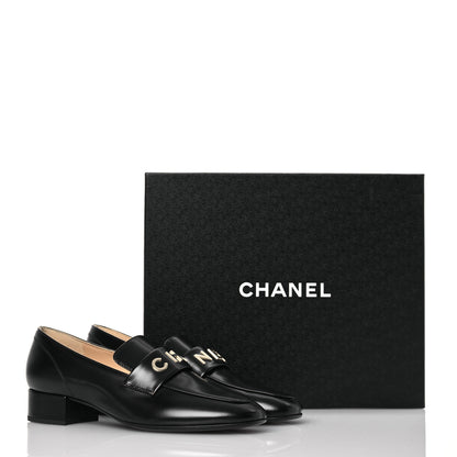 Chanel Shiny Calfskin Logo Loafers 37.5 Black 10 of 10