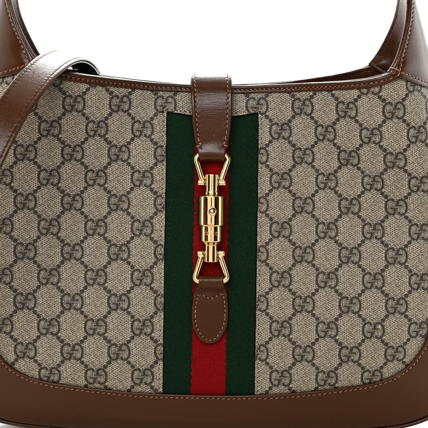 GG Supreme Monogram Azalea Calfskin Web Medium Jackie 1961 Hobo Beige Ebony Brown Sugar