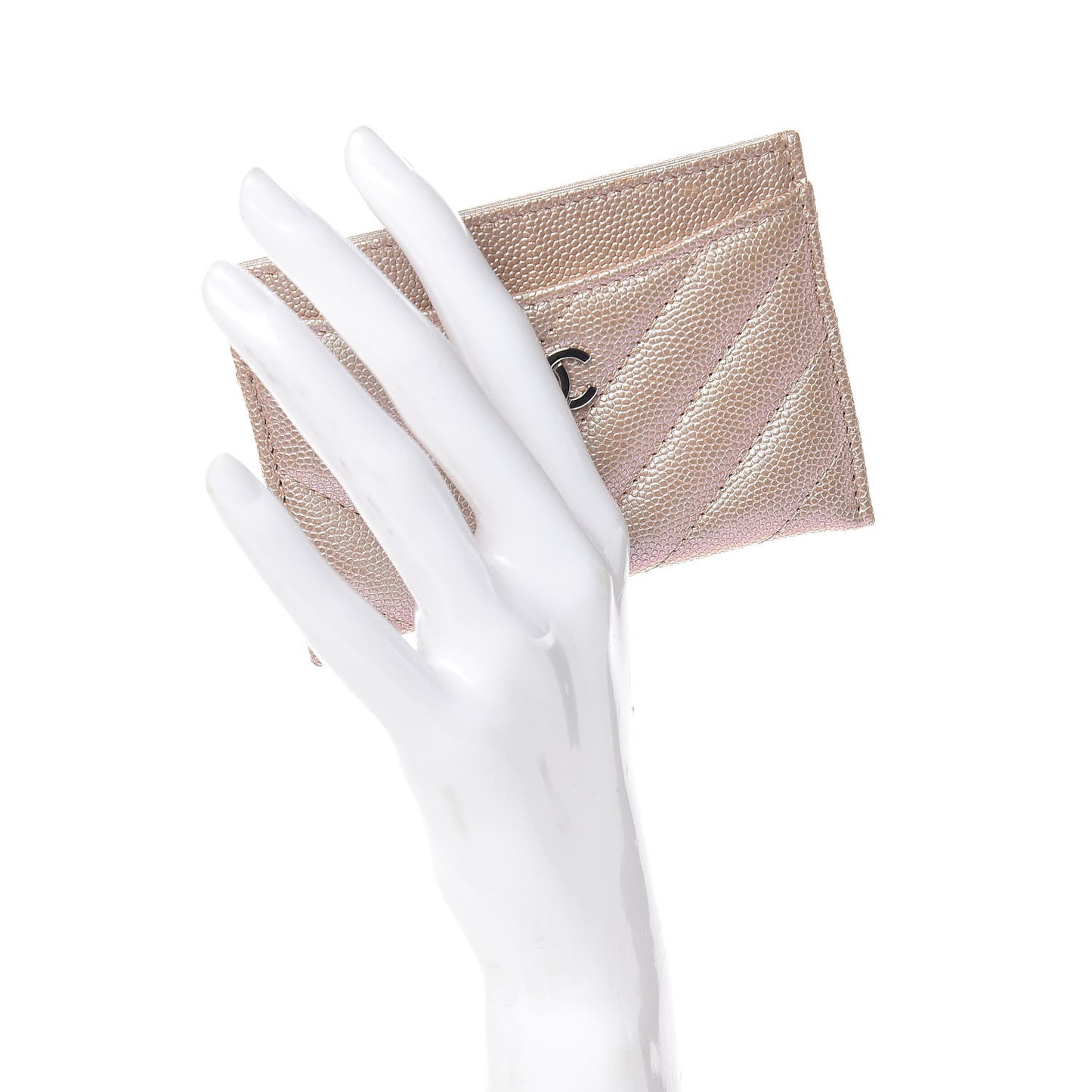 Metallic Caviar Chevron Quilted Card Holder Light Gold