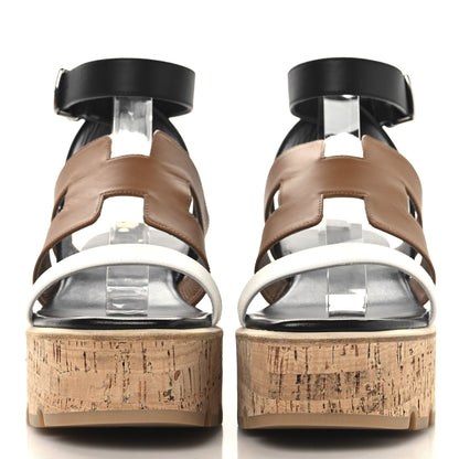 Hermes Calfskin Cork Havane 30 Wedge Sandals 38 Black Gold White 3 of 9
