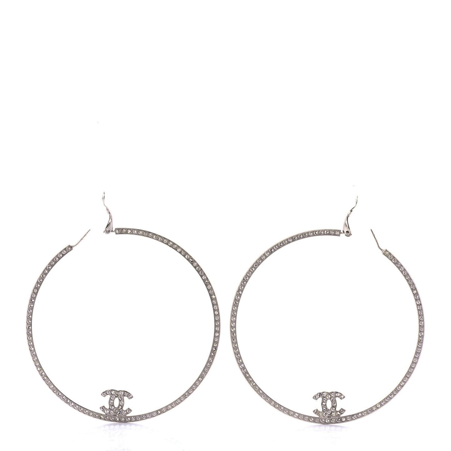 Metal Crystal Baguette CC Large Hoop Earrings Silver
