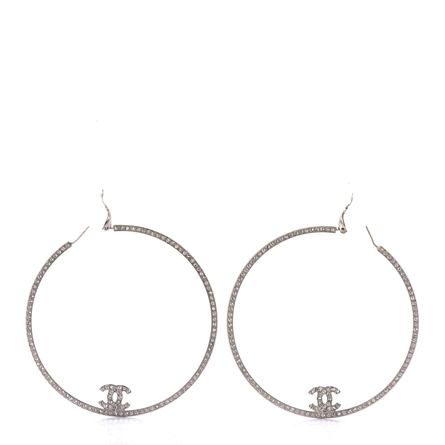 Chanel Metal Crystal Baguette CC Large Hoop Earrings Silver 3 of 4