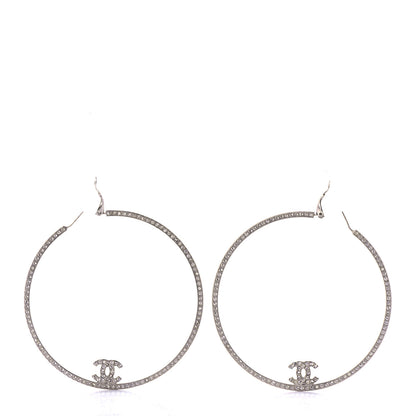 Chanel Metal Crystal Baguette CC Large Hoop Earrings Silver 3 of 4