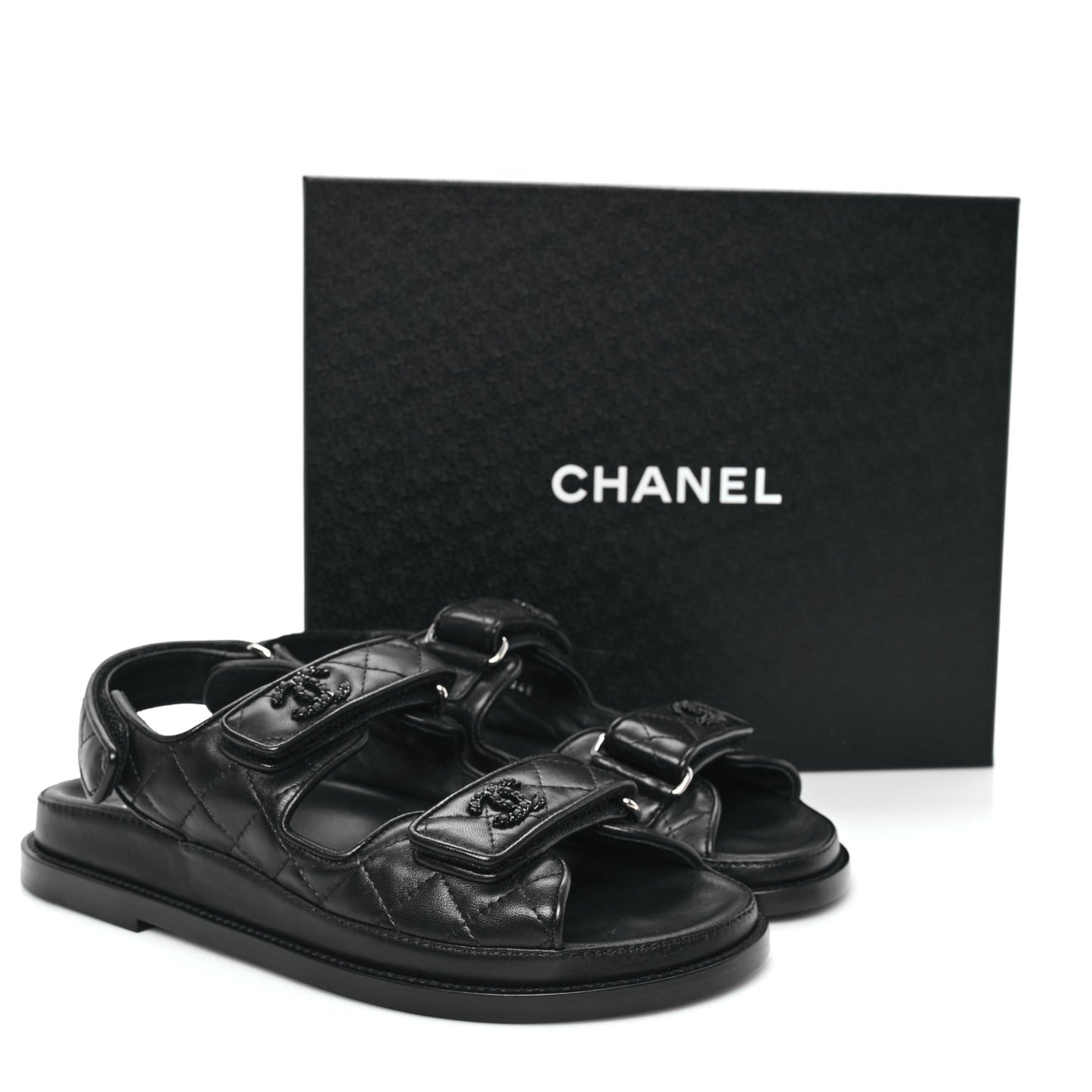 Lambskin Quilted Velcro Dad Sandals 37.5 So Black