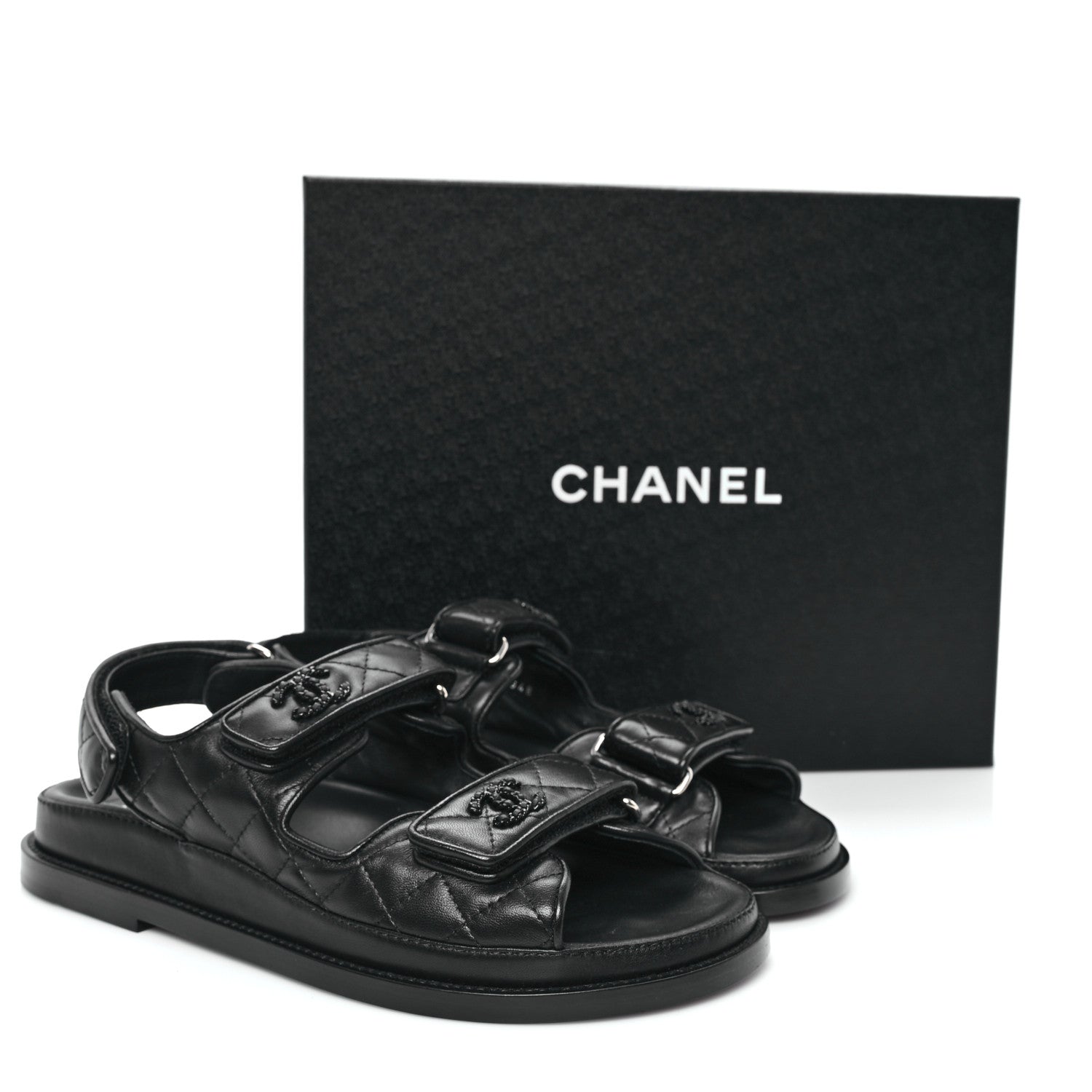 Chanel Lambskin Quilted Velcro Dad Sandals 37.5 So Black 10 of 10